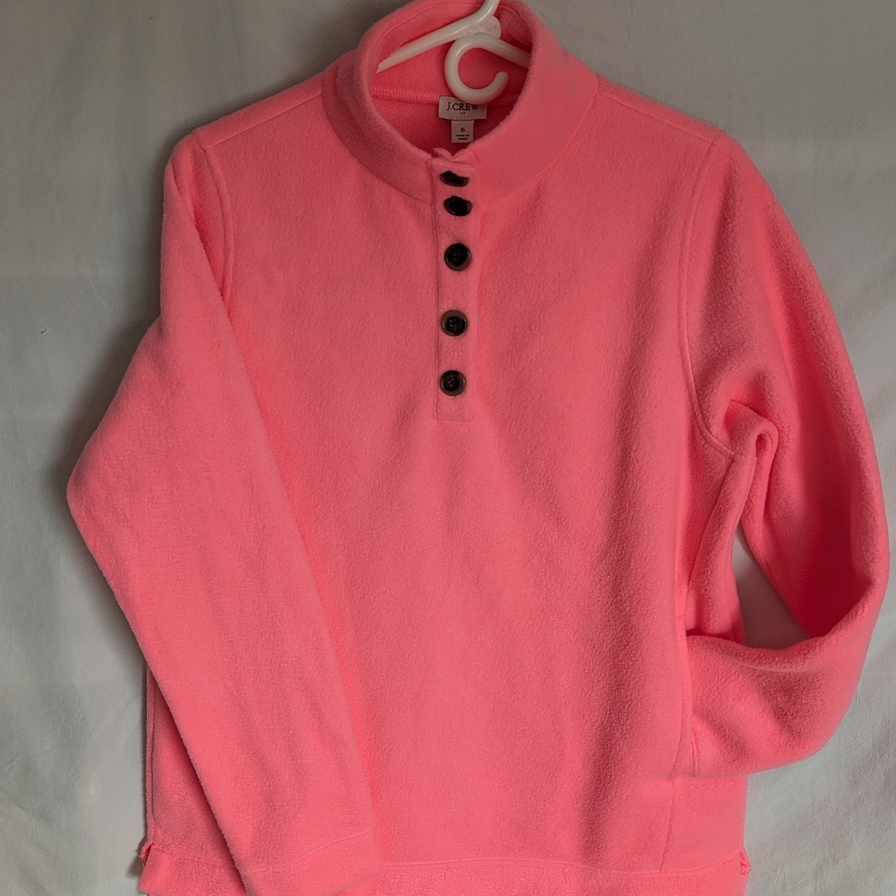 J Crew Neon Pink Fleece Top Size Small Tortoise Buttons Pockets